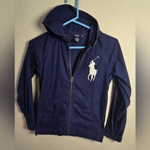 Polo Ralph L Kids Size 10-12 Full Zip Hooded Jacket Navy Twill Pockets Big Pony
